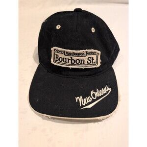 Bourbon St Hat Cap Strap Back Black Distressed Patch New Orleans Mens Promo